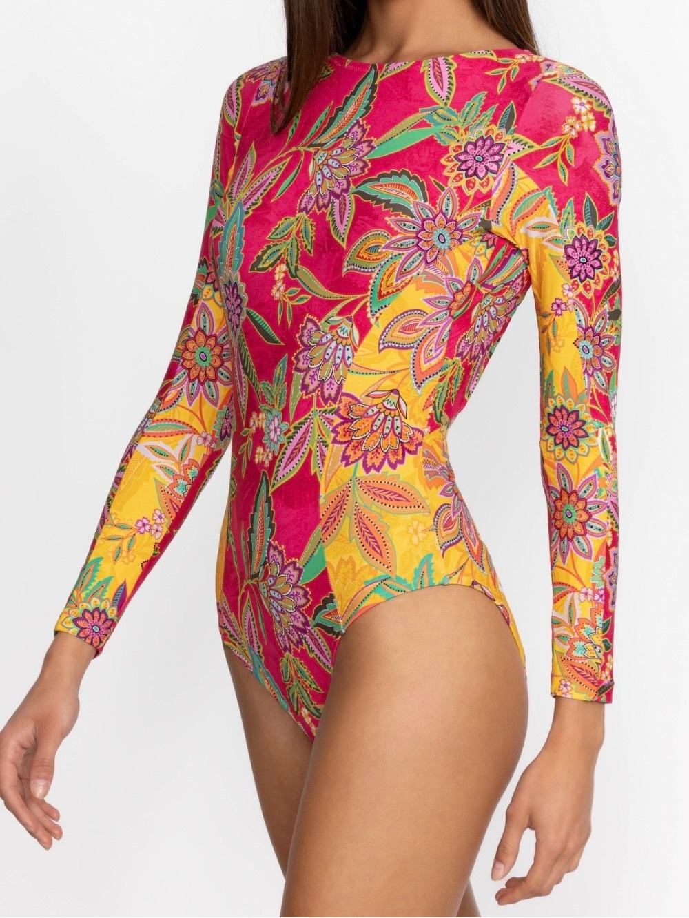 Johnny Was Long-Sleeve Floral One-Piece Swimsuit - Pink & Yellow